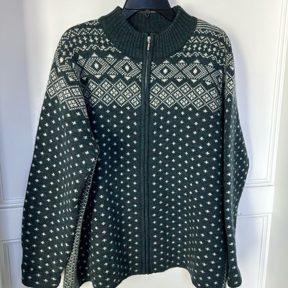 Lands End Knit Wool Fair Isle Full Zip Cardigan Sweater Large XLarge in Green - Picture 1 of 14